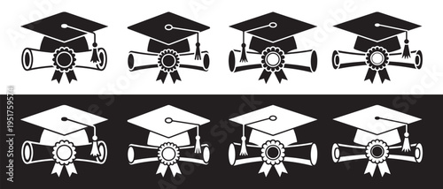 Graduation Caps and Diplomas Icon Set, Black and White, Represents Academic Achievement and Education.