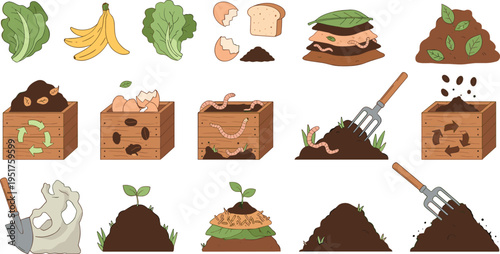 Composting process with organic waste worms soil decomposition recycling eco gardening concept cartoon vector illustration set