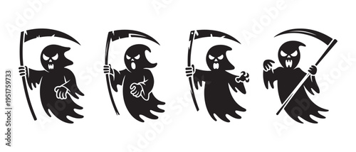 Grim Reaper Silhouette Collection. Four Variations with Scythes and Ghostly Figures.