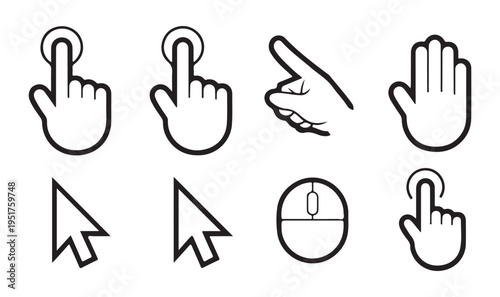 Set of hand cursor and mouse pointer line icons isolated on white background vector illustration collection