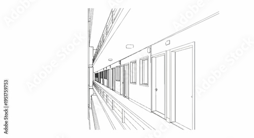 Sketch of a long corridor with many doors and windows extending into distance