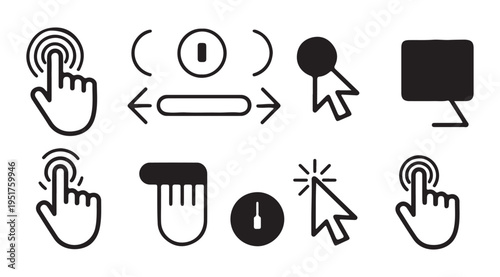Set of computer mouse click icons and hand pointer cursors in a minimalistic flat vector design