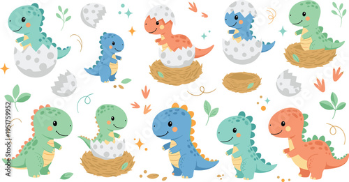 Cute baby dinosaurs hatching from eggs in nests cartoon prehistoric animals vector illustration set for kids