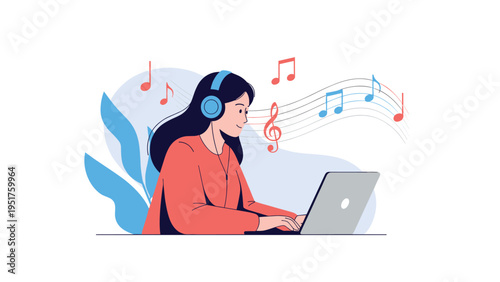 Young woman wearing headphones and listening to music while working on her laptop computer at home for leisure or focused study time.