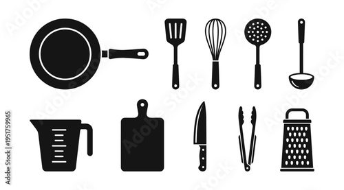 A collection of black kitchen utensil icons on a white background, including a frying pan, whisk, measuring cup, cutting board, and more, useful for cooking, recipe, or culinary website design.