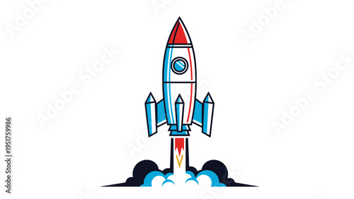 Powerful rocket ship launching into space with clouds of smoke and fire trail behind it for business success or start-up growth themes.