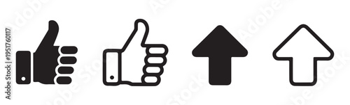 Thumb up and up arrow symbols isolated on white background in solid and outline styles