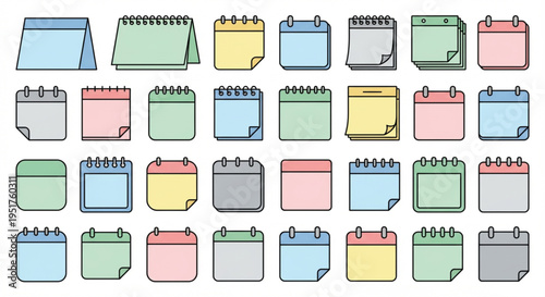 A collection of diverse and colorful calendar icons illustrating days, months, and scheduling