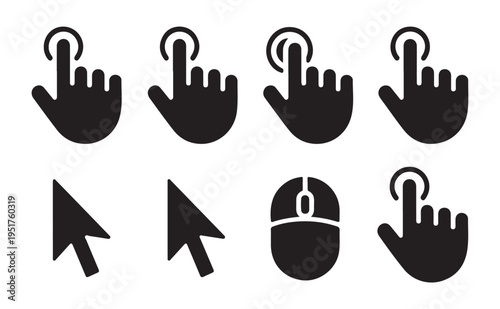 Set of human hand gestures clicking and computer mouse pointer icons in solid black vector style