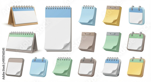 A comprehensive collection of desk calendar icons in various colors and styles, perfect for digital design