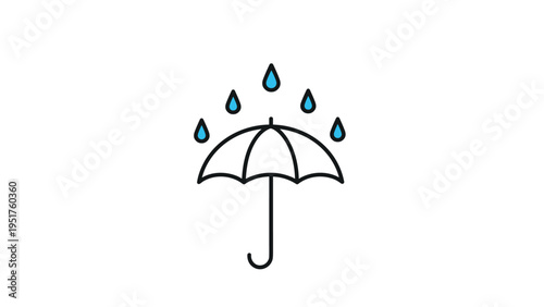 Simple line drawing of an open umbrella protects from several blue raindrops falling from above on a white background.