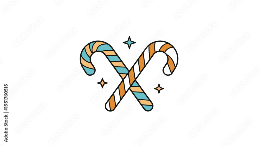 Obraz premium Two festive striped candy canes are crossed with small sparkles surrounding them to celebrate the merry winter holiday season.
