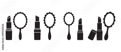 Makeup and beauty products icon set including lipstick mascara and mirrors.