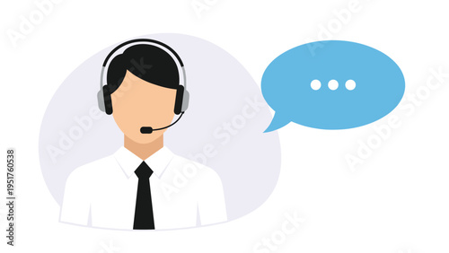 Professional customer service representative wearing a headset and suit is shown with a blue speech bubble for communication.