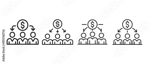 Wealth distribution and income inequality concept with four pyramids representing different socioeconomic groups and money flow.