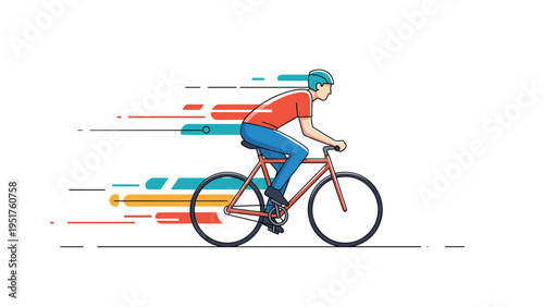 Male cyclist in a red jersey and blue pants rides his bicycle very quickly leaving trails of speed and motion behind.