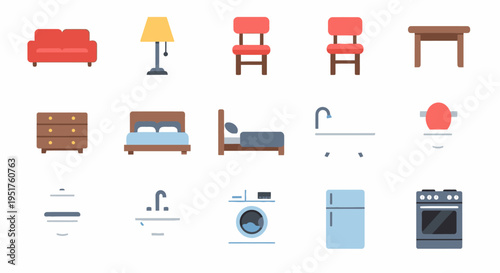 Interior design icons showcase various furniture and appliances in a modern home setting with sofa, chair, table, bed, dresser, lamp, sink, toilet, washing machine, refrigerator, and oven
