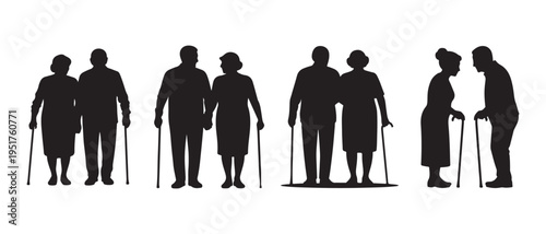 Silhouettes of elderly people walking with canes and walkers in various poses.