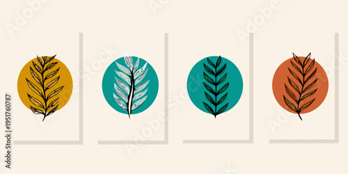 Stylized botanical illustration featuring four feather like leaf shapes