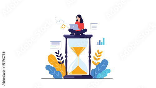 Young woman sits cross-legged on top of a giant hourglass while working on her laptop surrounded by plants and data charts.