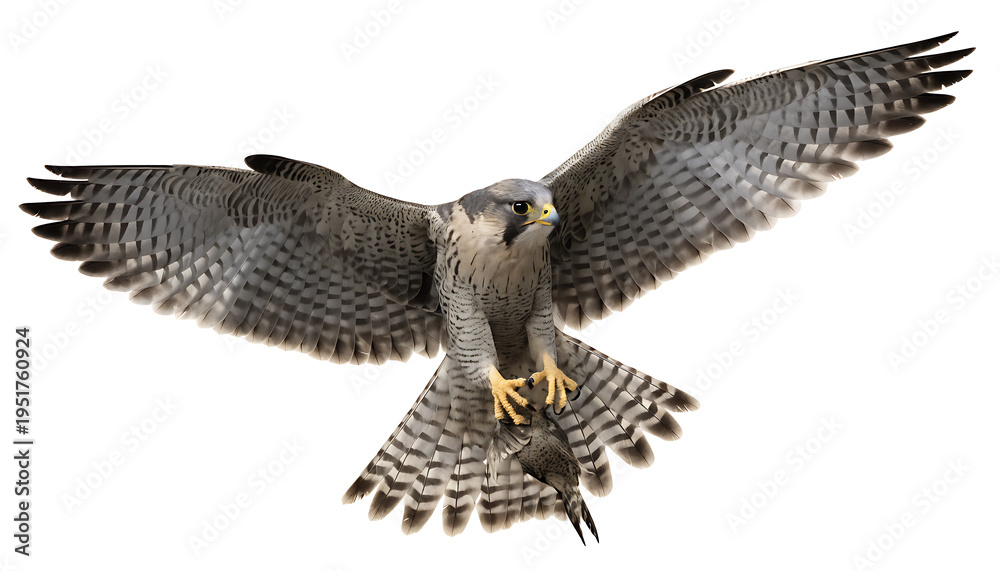 Fototapeta premium Peregrine falcon in flight with spread wings and sharp talons carrying prey isolated against a plain white studio background