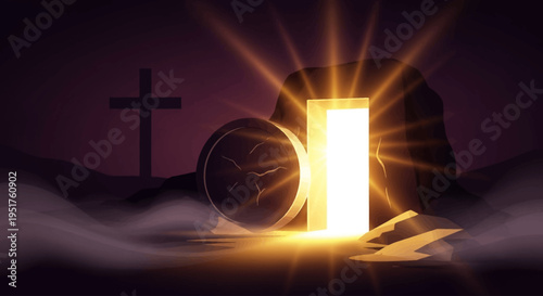 The empty tomb with a bright light shining from within, symbolizing the resurrection of Jesus Christ.