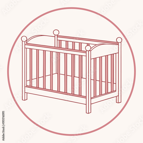 Red baby crib inside a circle nursery
