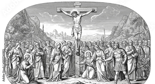 A detailed engraving depicts the crucifixion of Jesus Christ on a cross, surrounded by a crowd of mourners and soldiers.