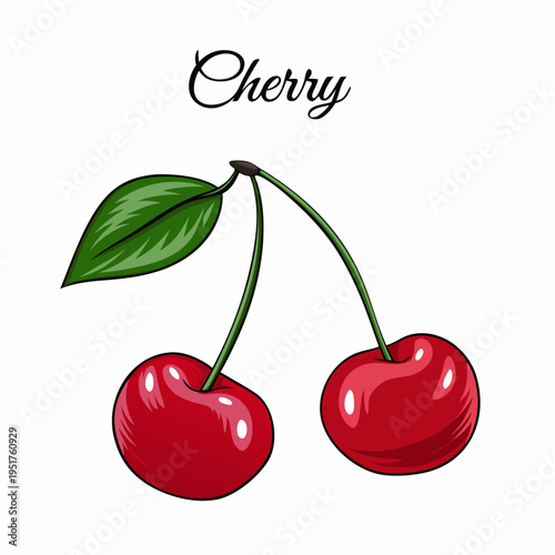 A vibrant illustration depicts two red cherries with a single green leaf