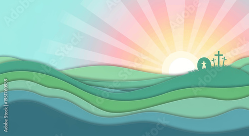 Sunrise over rolling green hills with a small hill topped with crosses and a star.