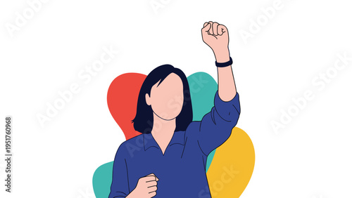 Empowered young woman in a blue shirt raises her fist high in a powerful gesture of strength, protest or victory.