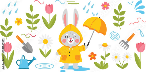 Cute bunny gardening in rainy weather with umbrella flowers plants and tools cartoon vector illustration for kids