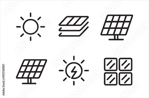Line art icons depict various stages of solar energy from sunlight to power generation