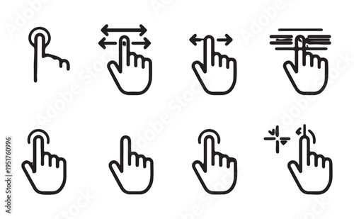 Set of touch screen hand gestures for mobile devices in a minimalistic outline vector design