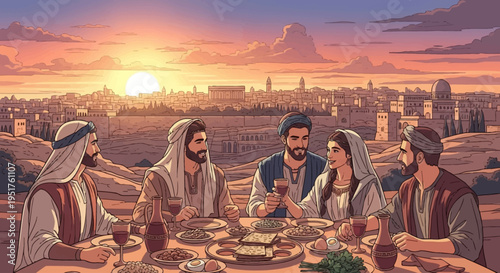 A group of people enjoying a meal together at sunset with a city in the background.