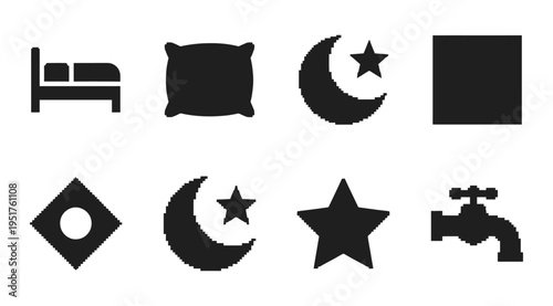 a set of black icons representing hotel room symbols and bathroom fixtures, including a bed, pillow, moon, star, and faucet on a white background, useful for travel, hospitality, and design concepts