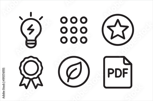 A collection of simple black line icons representing ideas quality and document formats