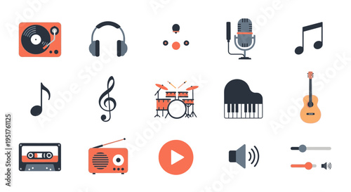 Music icons including a vinyl record player, headphones, microphone, musical notes, drum set, piano, guitar, and other audio equipment are displayed.