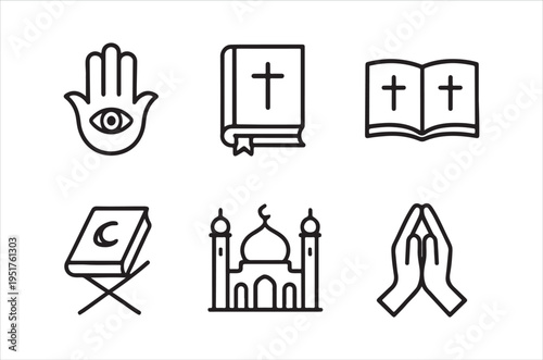 Religious symbols depicted in a minimalist line art style hamsa bible mosque and prayer