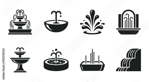 a collection of black and white icons depicting various fountain designs, perfect for use in graphic design, architecture, or landscaping projects