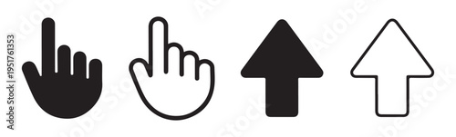 Point hand and up arrow symbols isolated on white background in solid and outline styles
