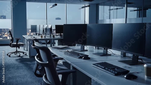 Abandoned modern office interior at night, signifying corporate struggles and closure.