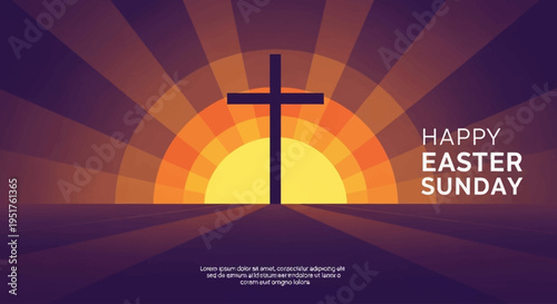 A silhouette of a Christian cross stands against a vibrant sunrise, symbolizing Easter Sunday.