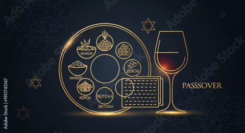 Elegant golden illustration of a Seder plate, wine glass, and calendar, symbolizing the Jewish holiday of Passover.