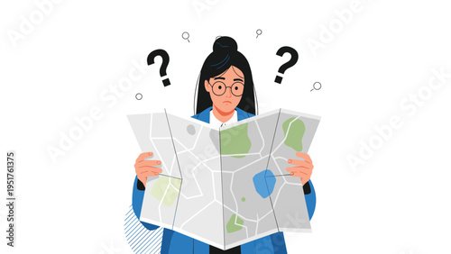 Young woman with glasses looks confused while holding a large unfolded paper map with question marks floating above her head.