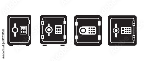 Collection of four modern black security safes with different locking mechanisms and digital keypads.
