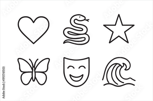 Simple line drawings of a heart snake star butterfly comedy mask and ocean wave