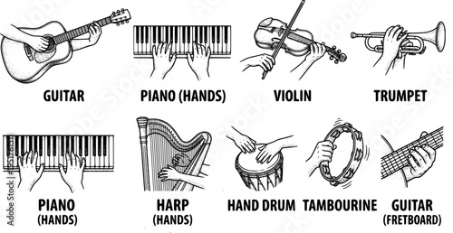 Black and white vector art collection of classic musical instruments guitar piano violin trumpet harp drum tambourine with hands holding