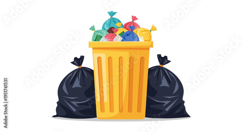 Illustration of a yellow trash can with plastic waste and two black garbage bags on a white background
