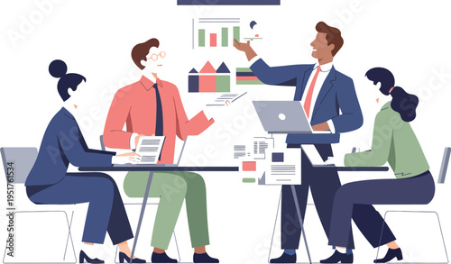 Business people discuss graphs at office meeting with laptops and papers